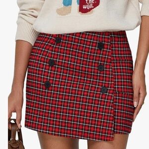 Plaid Tweed Button Front Mini Skirt